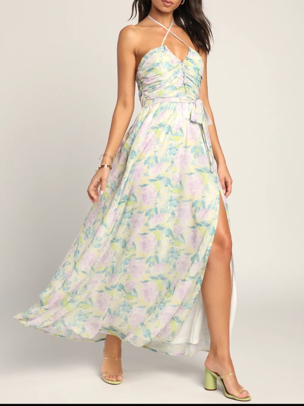 Lulus Effortlessly Abloom Green Multi Floral Ruched Halter Maxi Dress